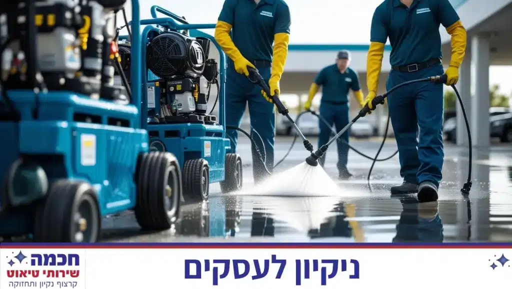 עובדים בחברת ניקיון לעסקים עם מכונות שטיפת מים בלחץ