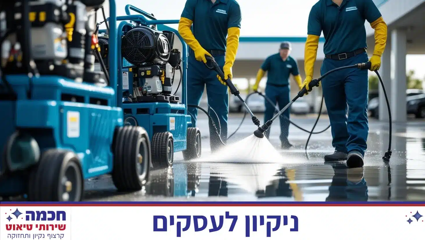 עובדים בחברת ניקיון לעסקים עם מכונות שטיפת מים בלחץ