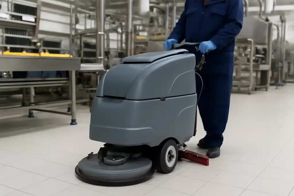 עובד בחברת ניקיון מנקה עם מכונת פוליש לרצפה במפעל מזון