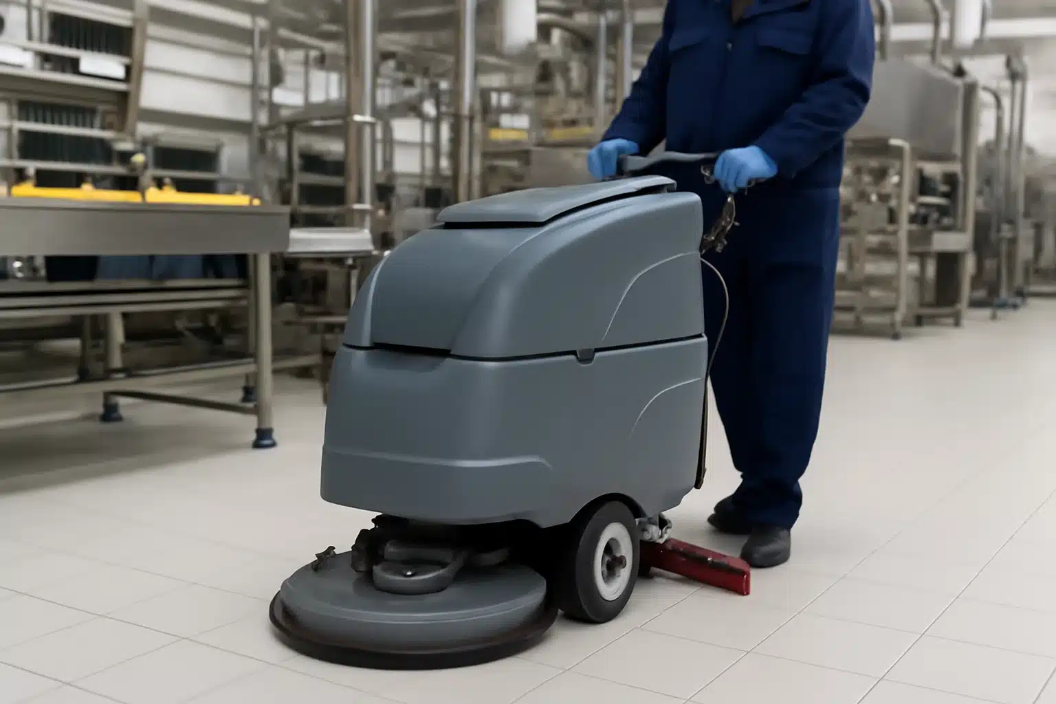 עובד בחברת ניקיון מנקה עם מכונת פוליש לרצפה במפעל מזון